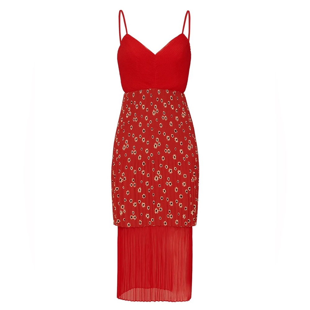 Fame & Partners Cottagecore Tiered Floral Pleated Midi Dress Red Wedding NWT 2